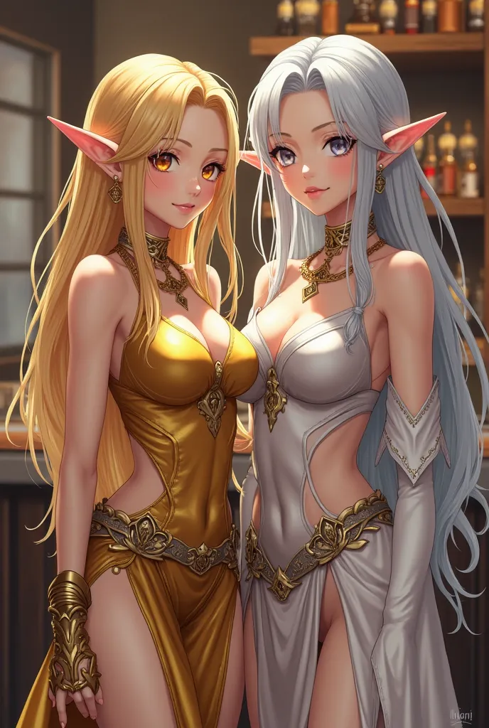 Two Elf girls stand next to each other. One has shiny golden hair, golden yellow eyes, big breasts and golden clothes that highlight her breasts and cover her body. The other has shiny silver hair and white eyes. She wears clothes that highlight her big br...