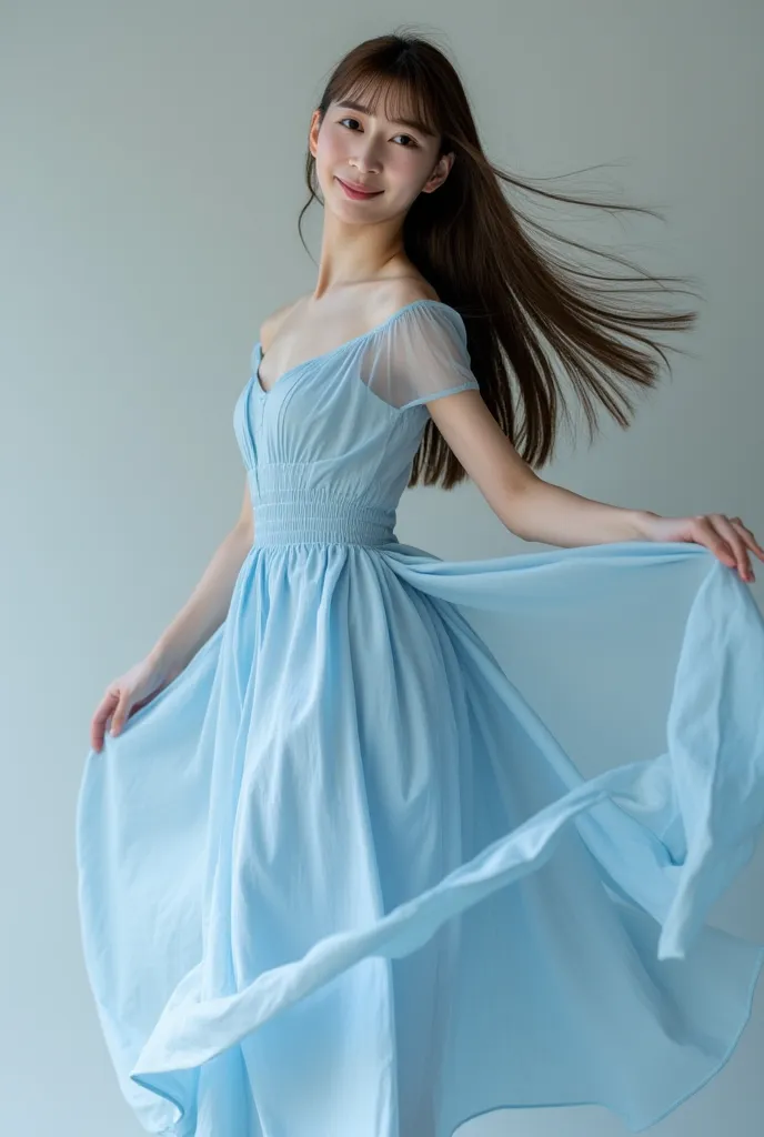 ฉันต้องการสร้างWide angle view ผู้หญิงเอเชียสมจริง, Fit for 25 years old, pretty long hair wearing a light blue skirt dress, smiles brightly, Eye contact with camera , Remote Photo, Animated Long Skirt with Wind, Wide angle view