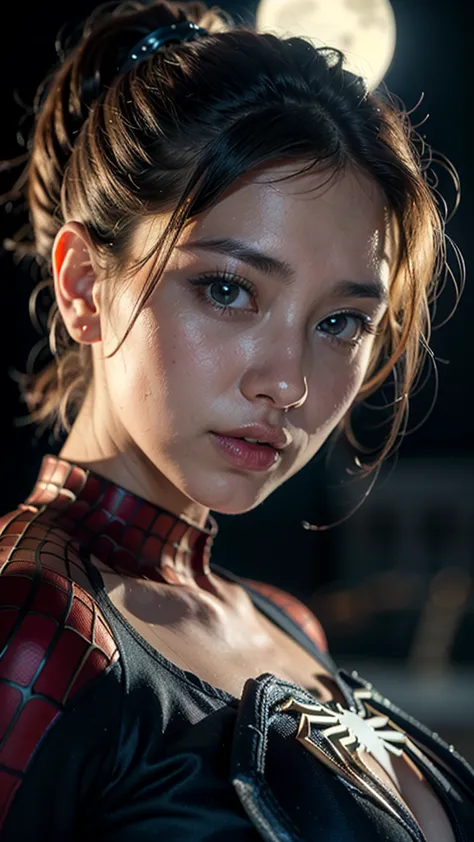 top-quality close-up portrait, ((Beautiful korean girl, wearing spiderman white black costume, polyester material):1.5), bewitching face, ((spiderman likeness):1.4), ((beautiful detailed eyes, round big eyes, beautiful detailed lips, sharp nose, extremely ...