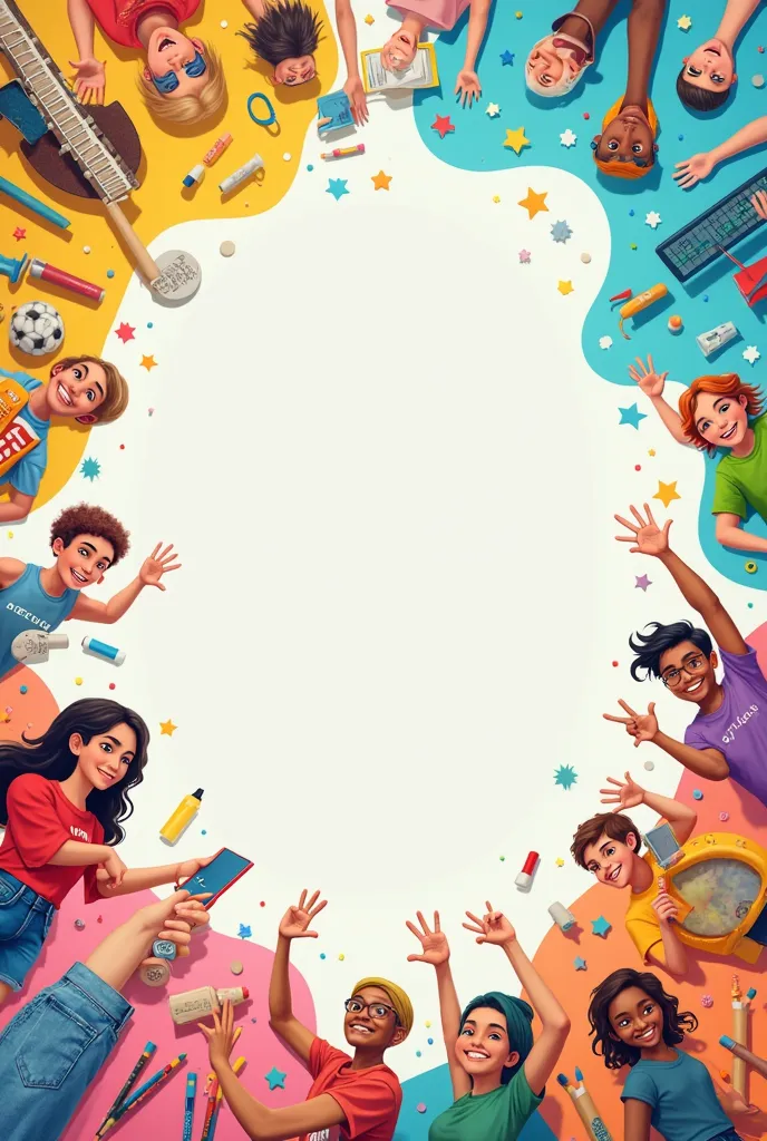 FILL UP THE CENTER OF THE PICTURE WITH A vibrant and engaging profile picture filled up in the middle for a Facebook page dedicated to free-time activities, language learning, music, and club activities for ren and youth. The image should feature a colorfu...