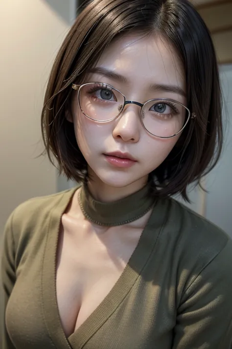 Military Woman, soldier girl, Military Woman ((neckline)),,(((beautiful face))),Drooping eyes,very short hair,  small glasses  ,( without averages:1.2),,((Japanese)) military woman , military police, medium breasts, assault rifle 