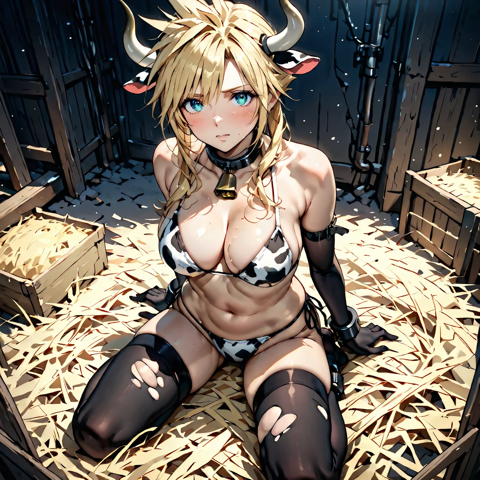 A high-resolution anime-style illustration of a feminized, cow-transformed ((Cloud Strife from Final Fantasy VII)) in a dark, oppressive livestock barn. Restrained and treated as livestock, he wears a black-and-white cow-patterned bikini, stockings, and kn...