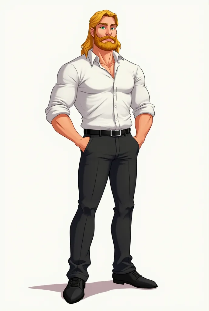 Create an illustration as if it had been hand drawn, Full body of the following character: man, high, Muscular, Shoulder-length blond long hair with a beard. His eyes are green and he wears black dress pants and a folded white dress shirt showing some of h...