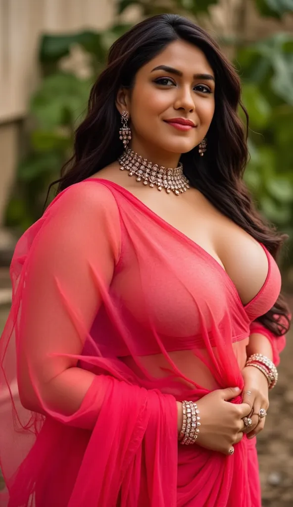 Indian girl,beautiful,round face,chubby, thicc,big boobs,red transparent blouse ,red transparent saree,big ass,transparent underwear,wearing jewelry,bi boobs,thicc thighs,black hair,