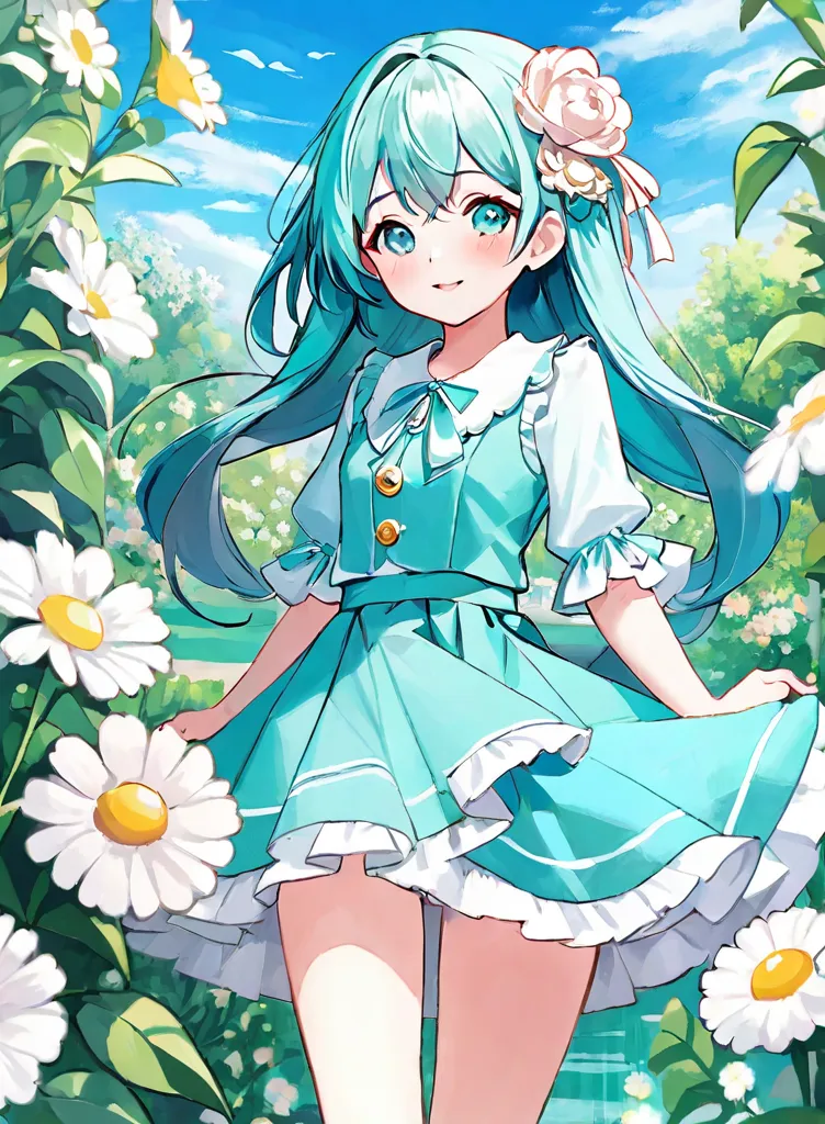 ART ofject of Picasso and Renoir, glad、Shy laughter、Gentle expression、higher detailed character facees, Serious competition、Compositions like paintings、Konmutsuki_gacha_series1, punk_rosette, cute girl, aqua color flowers, full body, elegant flowers backgr...