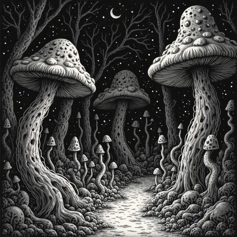 Black and white stippling-style illustration of a mysterious and eerie forest of towering mushrooms, all interconnected by an intricate network of mycelium beneath the ground. The dense atmosphere feels otherworldly, as twisted fungal shapes loom in the sh...