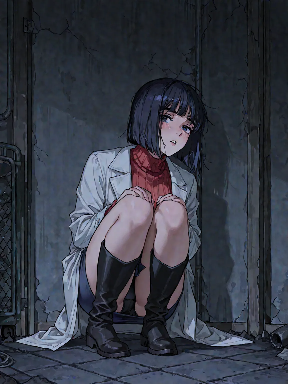 black haired short bob,red sweater,navy blue tight skirt mini,black long boots, white long coat,Athlete Body Shape,JoJo face,pretty face, I'm tired, slum,Late Night,Bayside, at a loss in a dark room,In the Dark,JoJo sitting,Disheveled clothing,squatting,Bl...