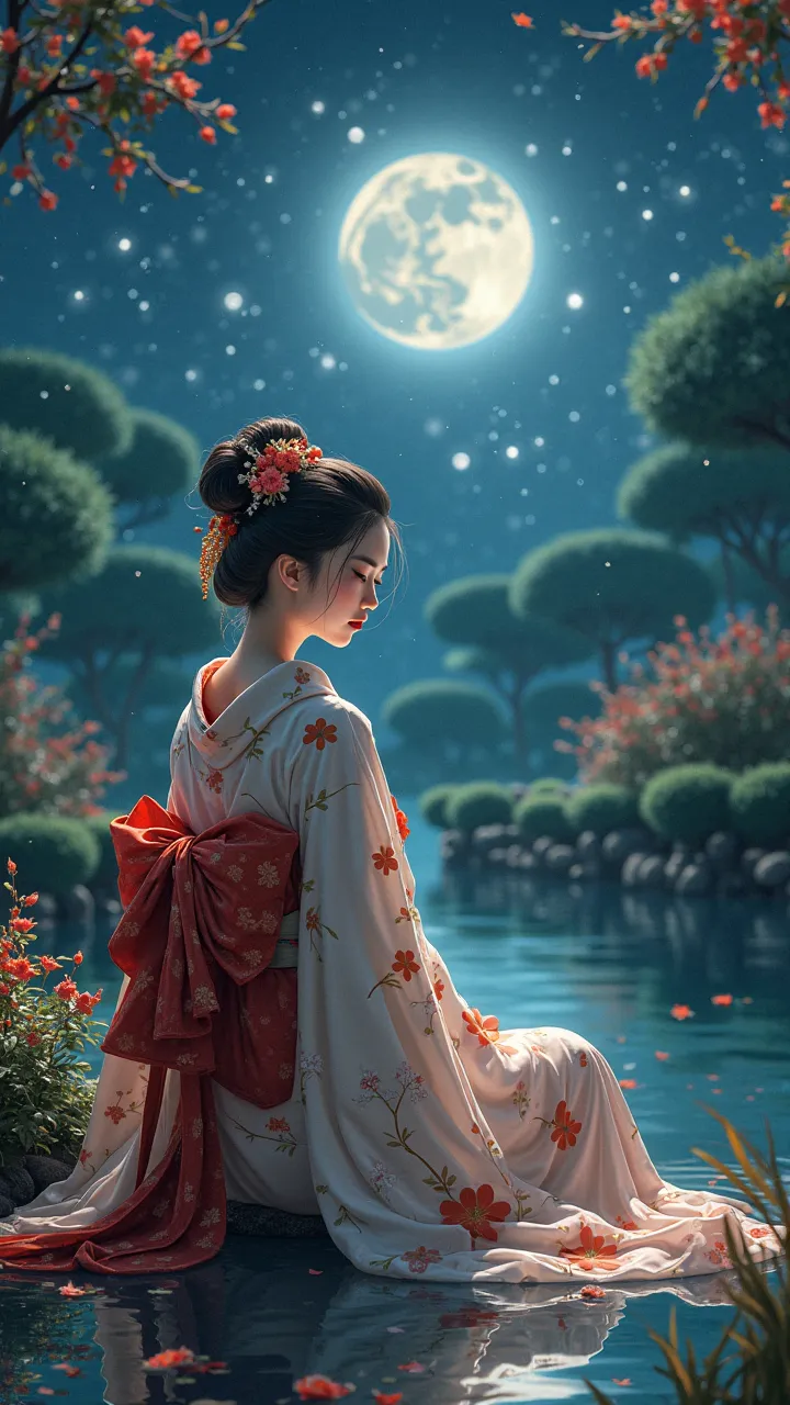 Japanese geisha cute in garden sitting midnight