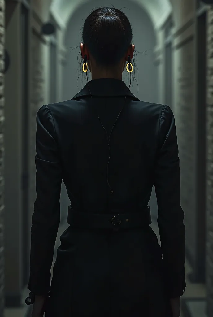 Mafia woman with her back and with earphones
