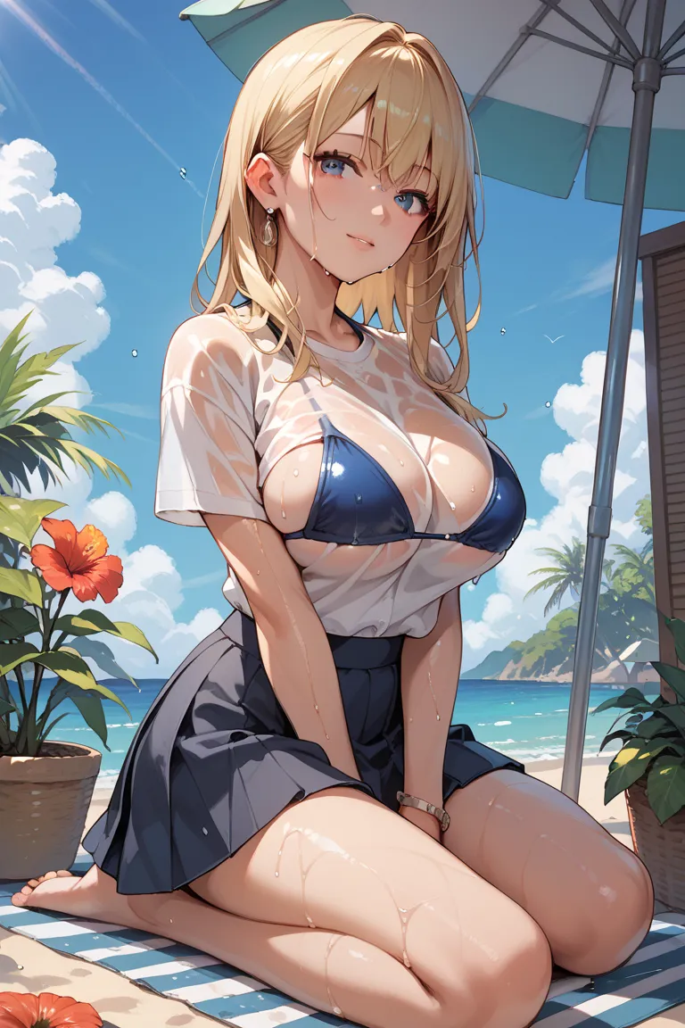 score_9, score_8_up, score_7_up, score_6_up, source_anime, 
1girl, blonde hair,kneeling, 
bikini, wet shirt, skirt, large breasts, looking viewer,summer,