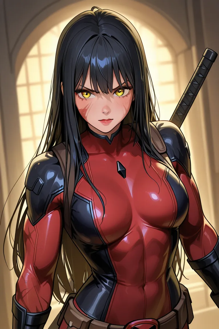 Prompts
Attractive anime style girl with long black loose hair, yellow eyes, has a lot of red scars all over her body , He's slowly putting on a Deadpool suit 