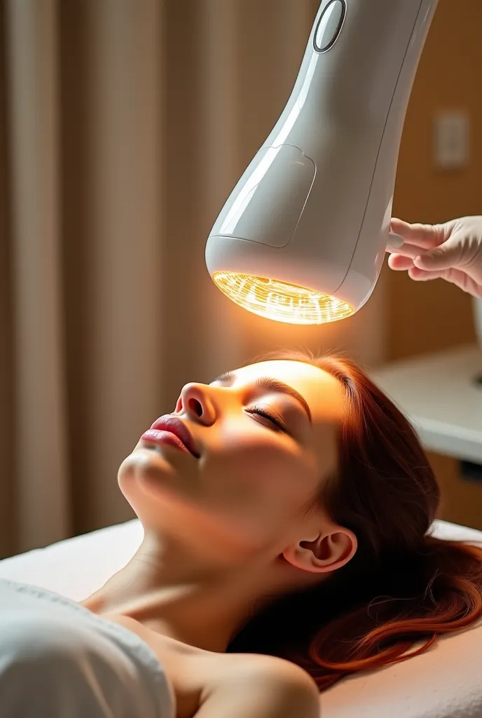 A luxurious beauty salon setting with soft lighting. A woman is lying comfortably on a treatment bed, her face relaxed as she receives a premium skincare treatment. Above her, a massive radio frequency (RF) device hovers, appearing almost surreal in size. ...