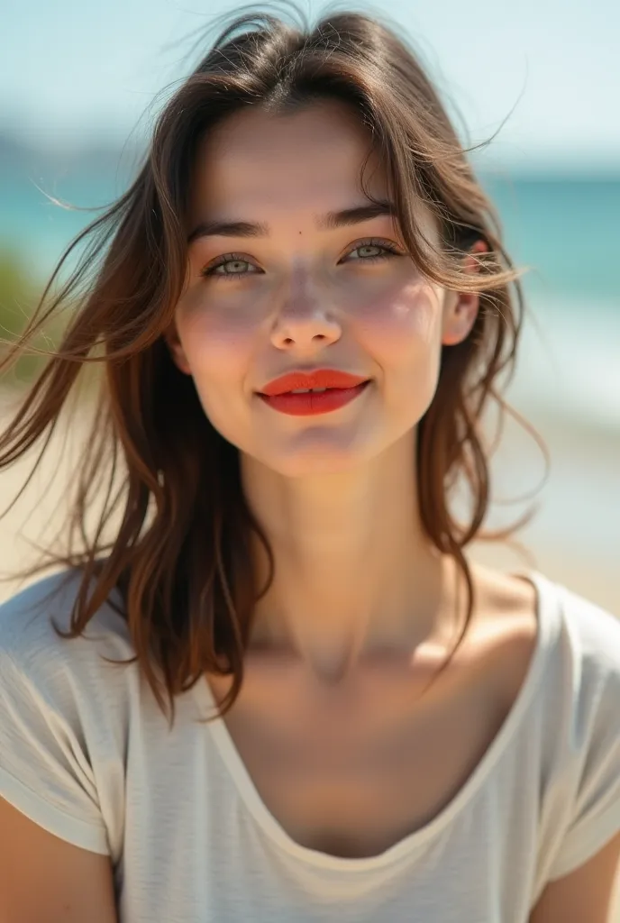 Photo of a woman who is satisfied with red lips, on a light background , T-shirt light background sea and beach 