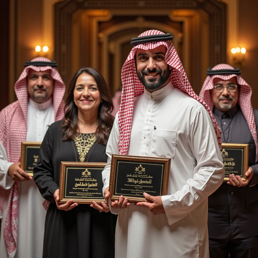 "A distinguished group of Saudi men and women stand proudly in an award ceremony, each holding their recognition plaque. Dressed in traditional attire, they radiate achievement and honor in a prestigious setting. The front-facing angle captures their smile...