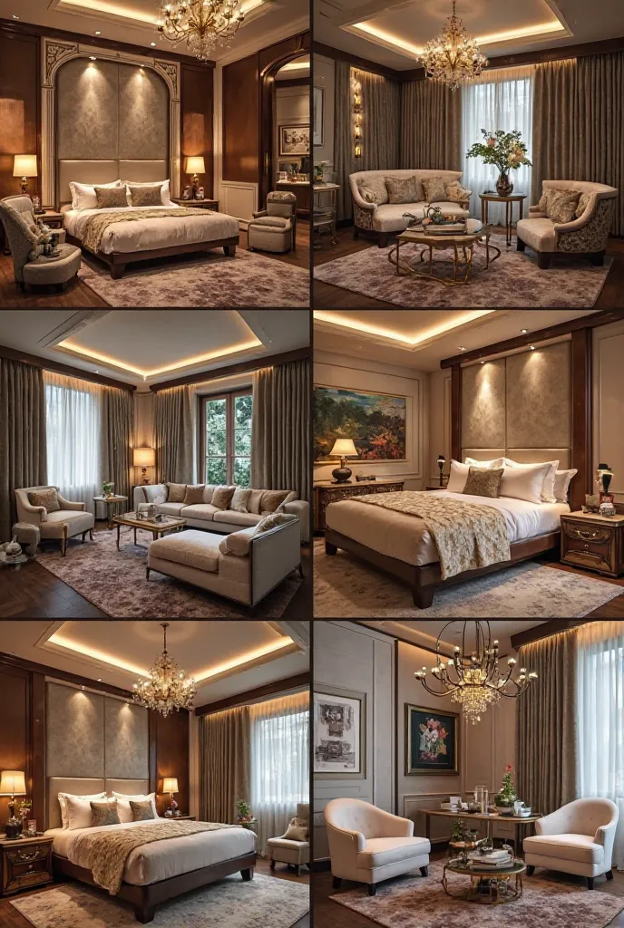 7 small pictures with luxury hotel furniture and suites