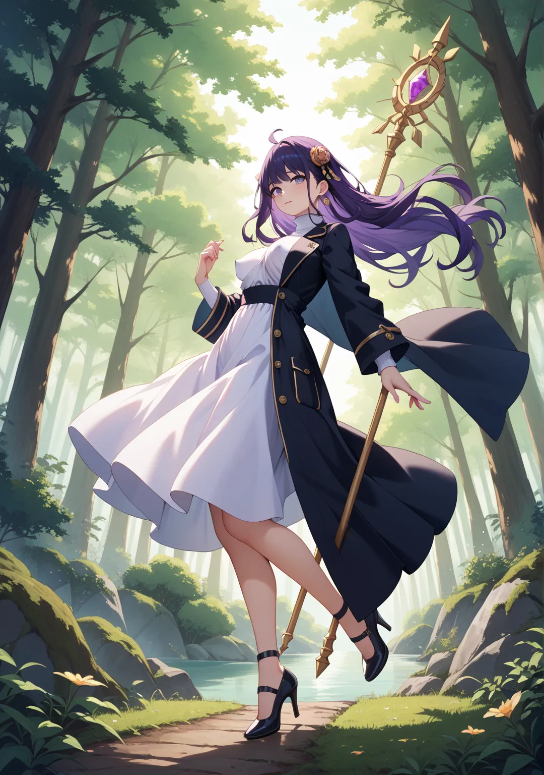 nsfw,girl,glamorous,straight hair,long hair,{{{black purple hair}}},black purple eyes,{{{One breast is coming out,One nipple is coming out}}},white long turtleneck dress,black long coat,half up,no expression,Wispy bangs ,forest,full body,from side,low angl...