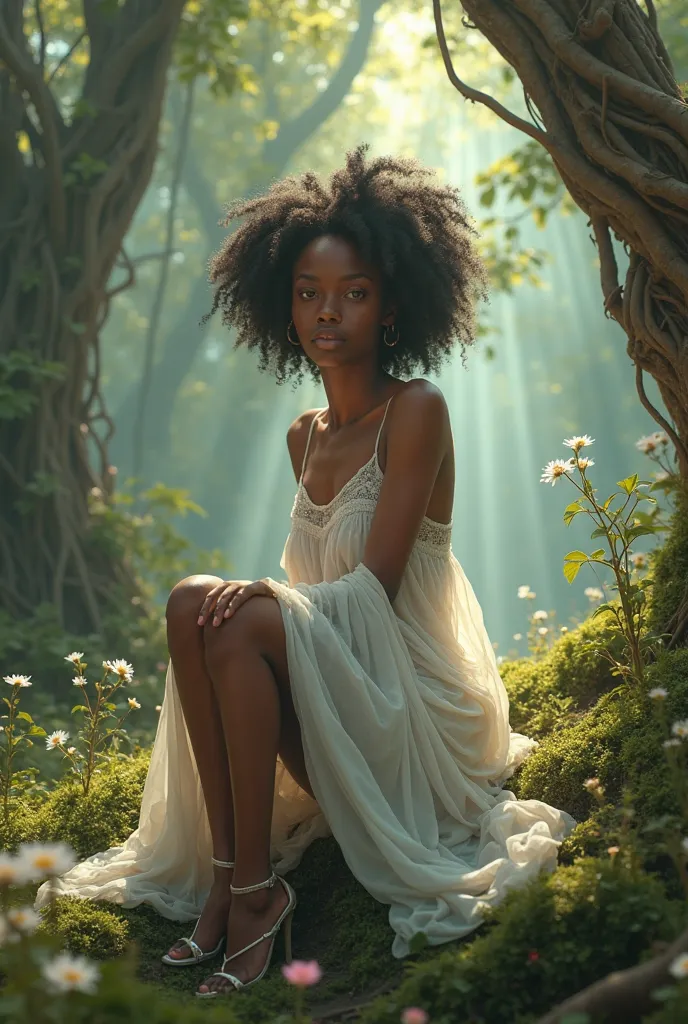 african young woman in a white sheerdress sitting on the ground in the woods, forest fairy, sitting in the forrest, a sexy maid in a magical forest, in pink forest, nature goddess, in a forest glade, forest fae, black goddess, in a whimsical fairytale fore...