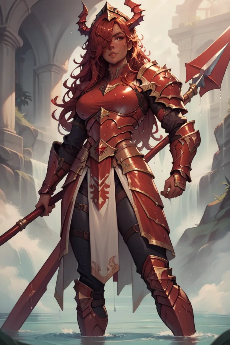 (masterpiece, best quality:1.2),solo,dark skin,sweating skin, (1 female warrior,red long hair)(hair over one eye, wet hair),wearing Red metal Armor，Red Dragon Helmet,her right hand carry a golden spear，Full body