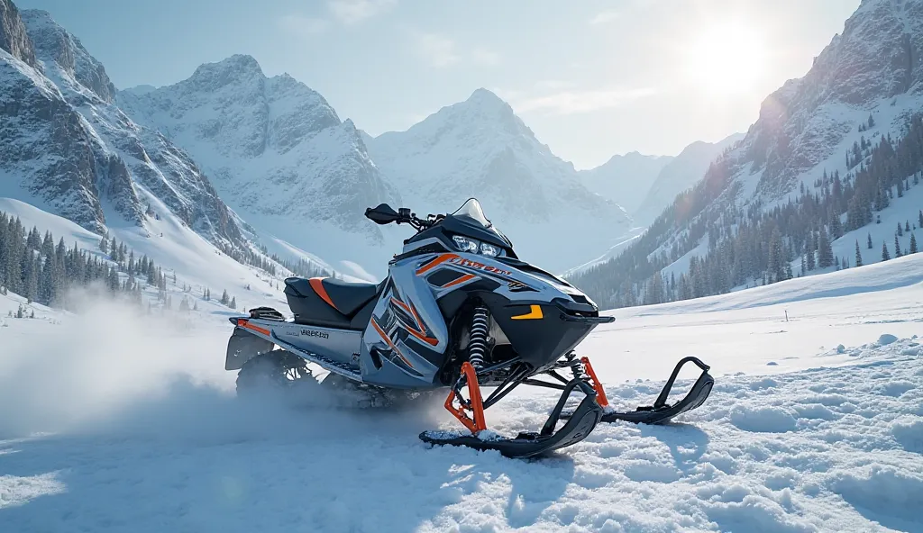 2025 arctic cat snowmobile best view with  for YouTube vedios with beautiful background of his company logo name in a snowy area 