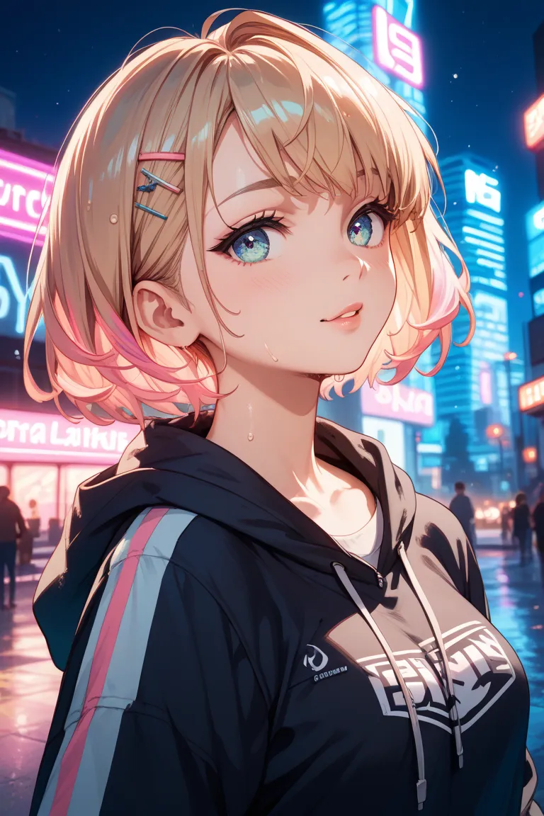 An anime-style illustration of a young woman with short blonde hair accented with light pink streaks. She is wearing a casual hoodie and is viewed from the front. Her expression is calm and serene as she gazes into the distance. The vibrant nightscape of F...