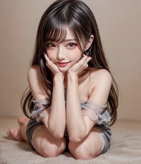 1 asian beauty、Grey Off-the-Shoulder Knit Dress、black hair long straight hair、garter belt、big eyes、Brown Eyes 、long eyelashes、pink gloss 、 fluffy slippers 、 heart symbol with both hands、stick out your tongue、smile