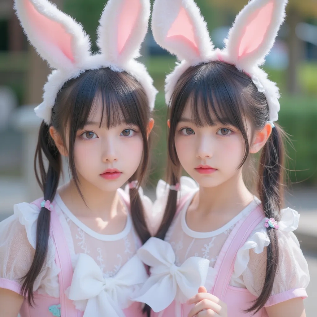 cuteloli,loli,hyper realistic,HD,best quality,8K,Exquisite details,(14-years-old),(bunny girl cosplay costume),looking at viewer,depth of field,full_body_shot,from_above,twins