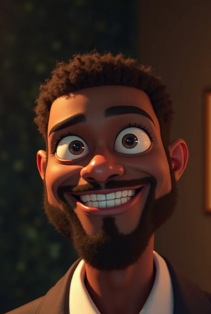 "Portrait of a black man with large, expressive eyes. His face is small and delicate, contrasting with a prominent, pointed chin. It displays a striking smile, highlighting a very large and thick canine. dramatic lighting, art in animation 