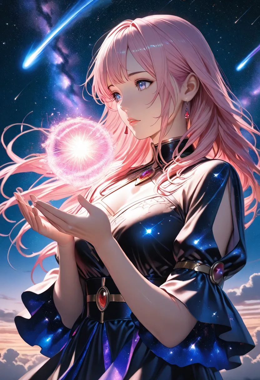 1 girl、Star Mage、Pink-haired Mari Achikincha、Space comet, high quality, Precise Details , 4K, Photographically Realistic, mysterious, dreamy,  Fantastic,  magical, Cosmic, meteor, starry sky, Shine, mysteriousな光, mysteriousな雰囲気,  art concept , digital pain...