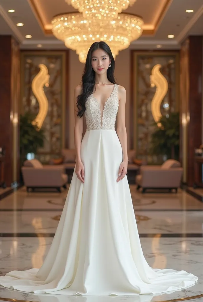 "A front-facing portrait of a young, beautiful Thai woman with modern Thai beauty features, long straight black hair, fair skin, and a slim figure. She is wearing an elegant white evening gown that accentuates her grace and sophistication. She stands confi...