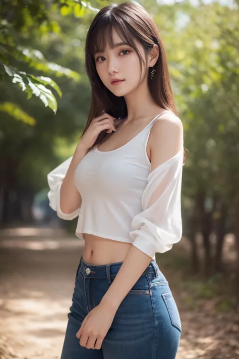 pure 20 year old girl 、((white tank top with sleeves over fingers, Dramatic Poses)),smile,Shortcut, nature park 、RAW photo, (8k、top quality、masterpiece:1.2)、(Delicate Details:1.4)、(photorealistic:1.4)、octane rendering、intricate 3d rendering super detailed,...