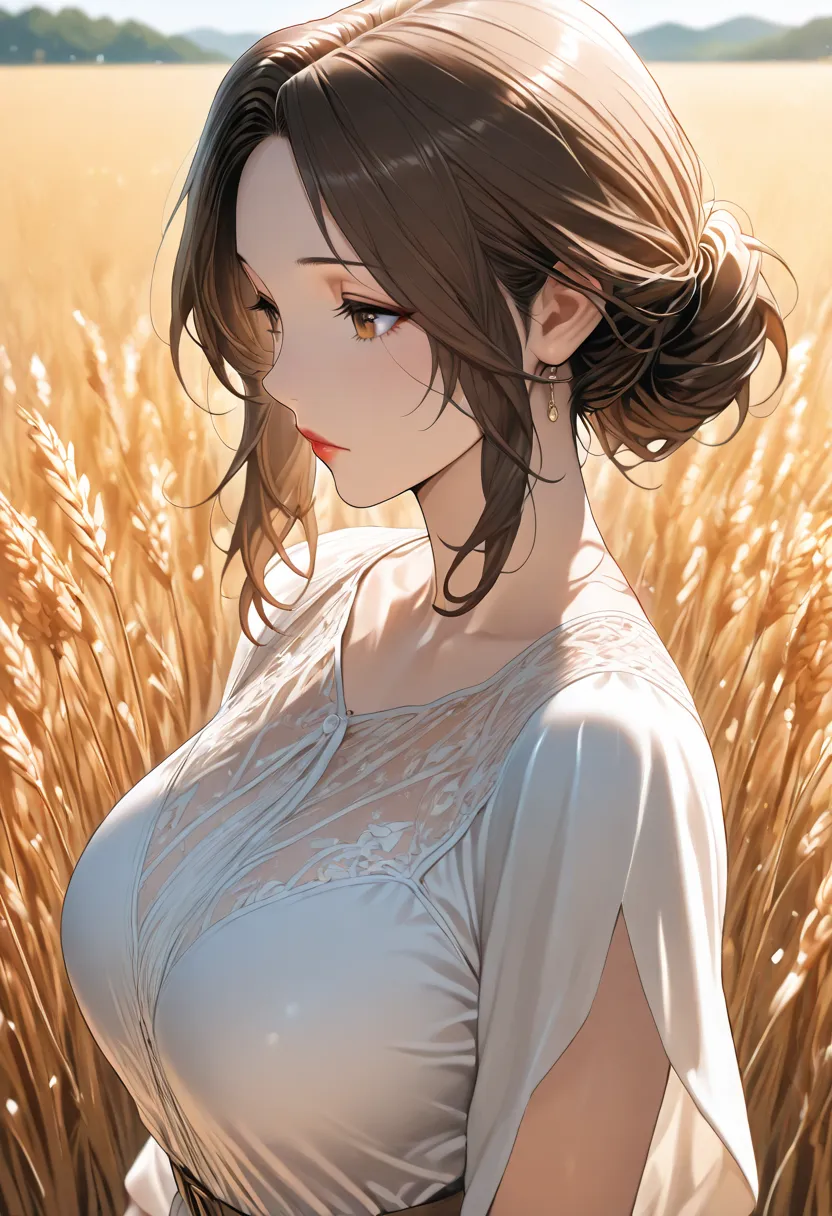 (masterpiece:1.4),, (best quality:1.4),, ultra high definition,, 8k, CG,, (very delicate and beautiful:1.2),, , upper body,, from the side,, viewers,, , 1 girl,, Alone,, Fashionable Girl,, mature woman,, , cute, sweet,, , In the wheat field,, blurry backgr...