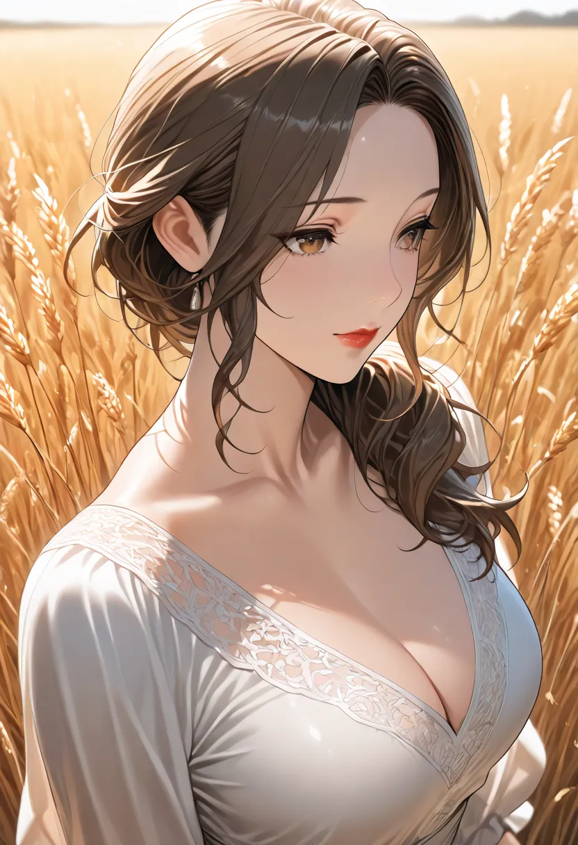 (masterpiece:1.4),, (best quality:1.4),, ultra high definition,, 8k, CG,, (very delicate and beautiful:1.2),, , upper body,, from the side,, viewers,, , 1 girl,, Alone,, Fashionable Girl,, mature woman,, , cute, sweet,, , In the wheat field,, blurry backgr...