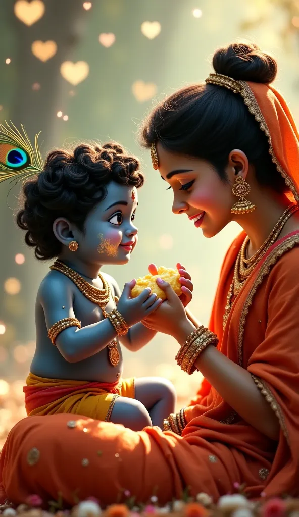 heartwarming and divine scene of Baby Krishna feeding butter to Mother Yashoda with his tiny hands. Krishna has dark blue skin, bright expressive eyes, and curly dark hair adorned with a peacock feather. He is sitting in Yashoda’s lap, joyfully offering he...