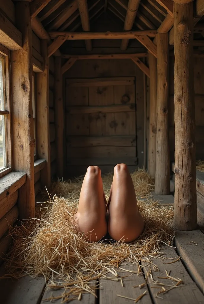 Inside a rustic wooden structure from the time of Noah's Ark, with soft, filtered light illuminating a pair of legs on a bed made of straw. The wooden beams and planks are worn and aged, contributing to the old environment. Canon EOS R6, Canon RF 24-70mm f...