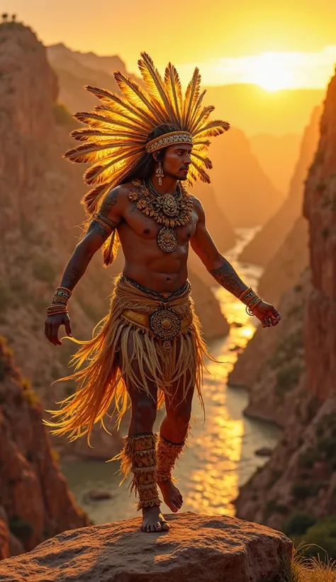 A majestic indigenous warrior performs a sacred ritual dance on a large rock, in the heart of a gorge at dusk. Your body is adorned with tribal paintings and their robes, now golden and shimmering, shine in the warm light of the setting sun. The headdress,...