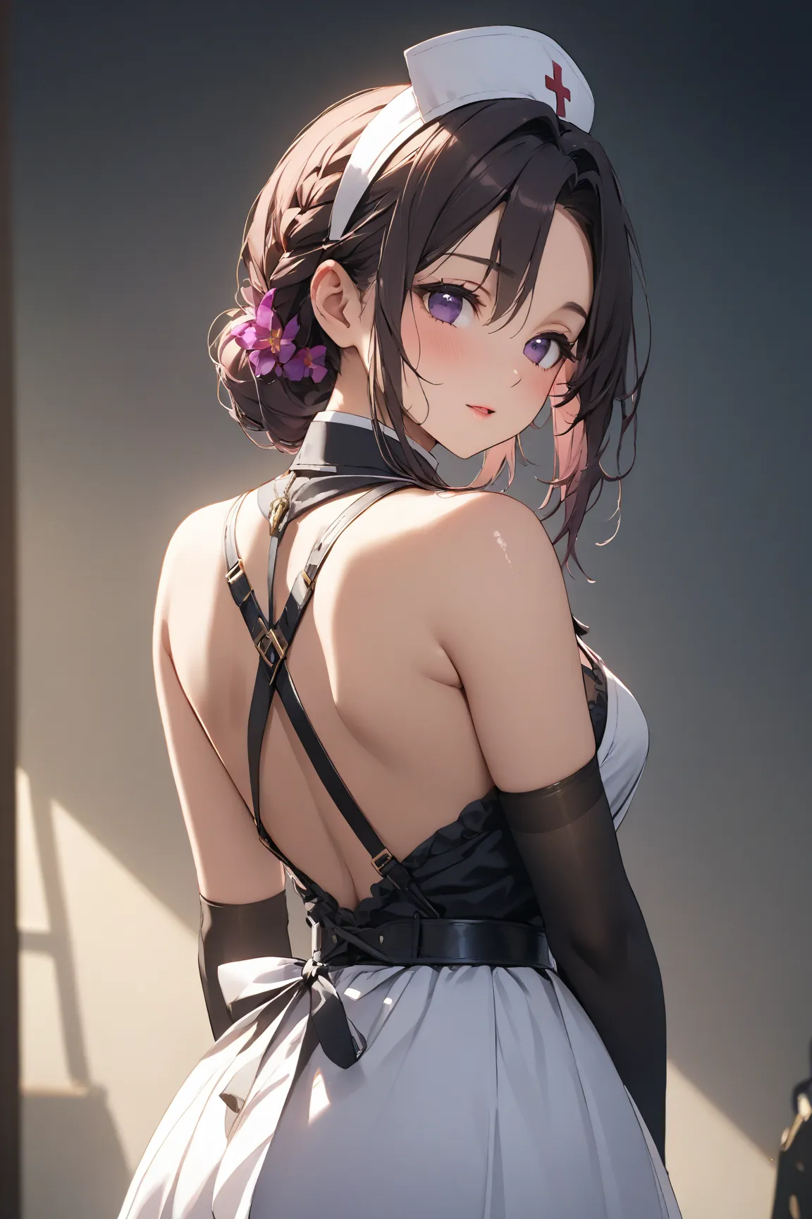 KShinobuXLV4, 

single braid, black nurse cap, double-breasted grey apron, chest belt, elbow gloves, crinoline, black pantyhose, 

shiny skin, shiny, 

one girl,  Compatible with first-person perspective , (masterpiece:1.3), 背の高いvery detailed   , Photo- ex...