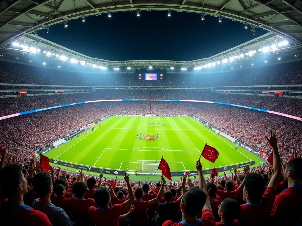 "A panoramic view of a packed football stadium during a major championship final. The stands are filled with excited fans waving flags, while the pitch is brightly lit under the stadium lights. The players are in mid-action, with one team in red and the ot...