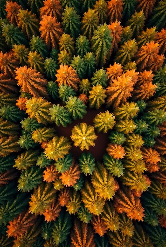 Créer une photo d’une forêt aux couleurs automnales prise du ciel de façon à ne voir que la cime des arbres vue du haut. Les couleurs dominantes sont le vert, ocre et Terracota. Et faire en sorte que les pointes des arbres représentent le visage d’une femm...