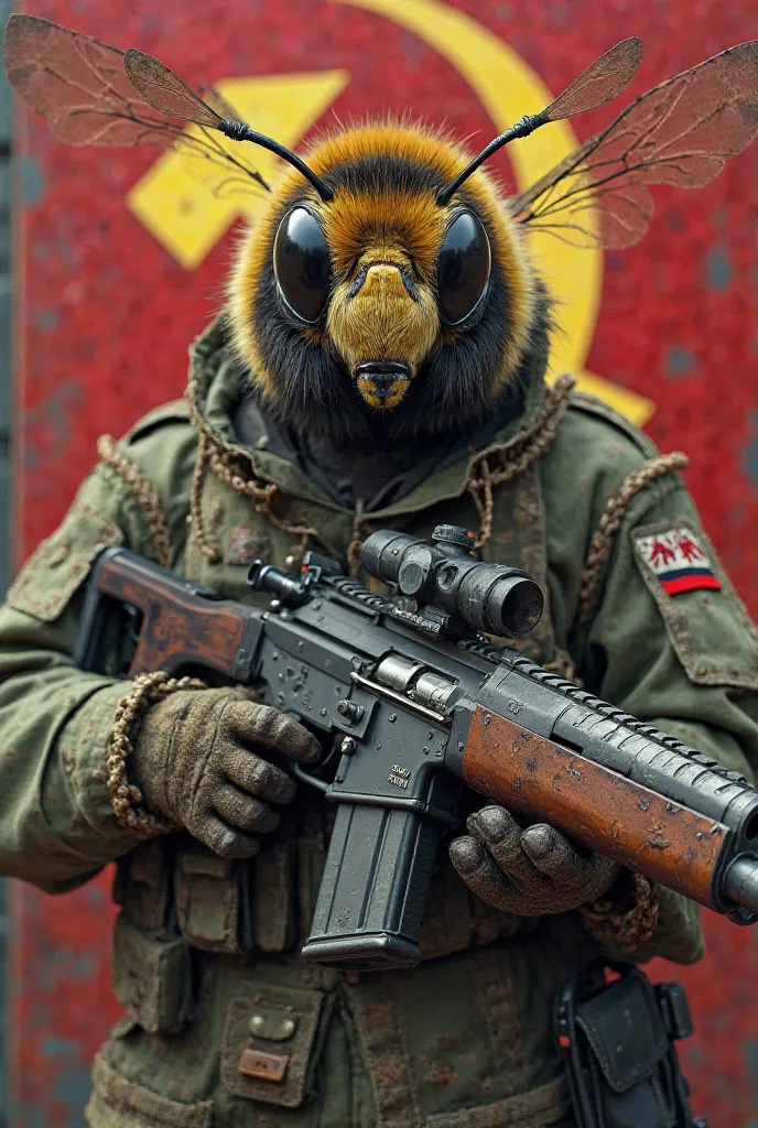 Create the image of a bee in military clothing with a rifle and with a communist symbol behind it and let this photo express discontent and anger