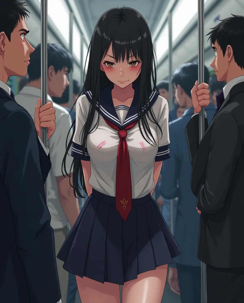 Japan's normal face ),,(curvy body),( high school uniforms 、 A girl in a school uniform ) 、  black hair、 Long Skirt、pleated skirt on indoor floor 、a beauty girl１people々々、on a crowded train 、(((sex acts、 erotic )))、(( panties close-up))、 high image quality ...