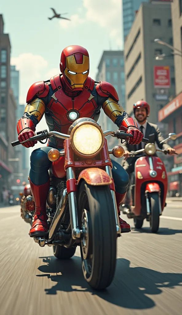 Hyper-realistic 3D comic style image, Iron Man on his futuristic motorcycle quickly overtaking Spiderman in office clothes and visible suit underneath, riding a Bespa motorcycle, small, with some rust, aged, red and blue, who is left behind on his small mo...