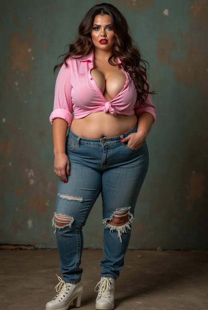 Hillbilly bimbo, high resolution, 8K, pink shirt, hourglasse figure, high heeled sneackers, massive ass, narrow waist, nipple buldge, heavy makeup, ripped jeans, see-throught shirt