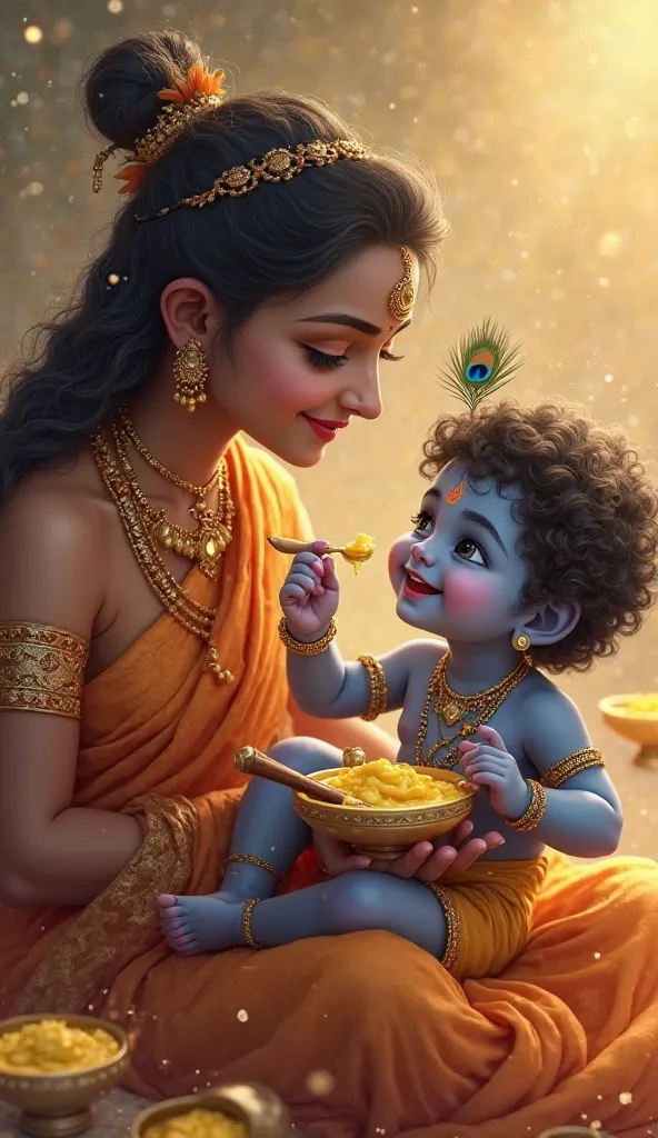 divine and heartwarming scene of Mother Yashoda feeding Baby Krishna butter with a wooden spoon. Baby Krishna, with dark blue skin, bright expressive eyes, and curly dark hair adorned with a peacock feather, sits happily in Yashoda’s lap. His tiny hands ar...