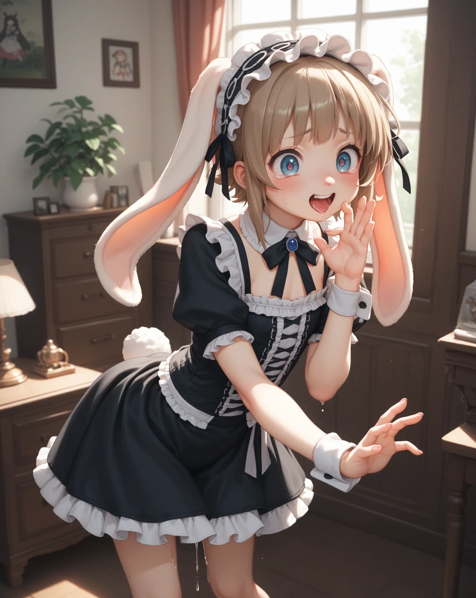 gothic lolita costume with little fabric , dripping mucus , Livingroom , dim light , (looking crotch) , pull out 1 Thin Cucumber from under skirt , look of pain , bend over
, kawaii anime style , petit girl, round face, bold pose, out of frame , furry rabb...