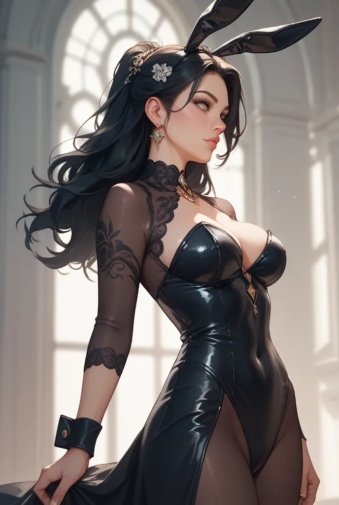 The beautiful black haired woman wears a black bunnygirl bodysuit that is tight and thin so that the proportions are clear. The dress like her is quite revealing, she is turning back and looking forward.