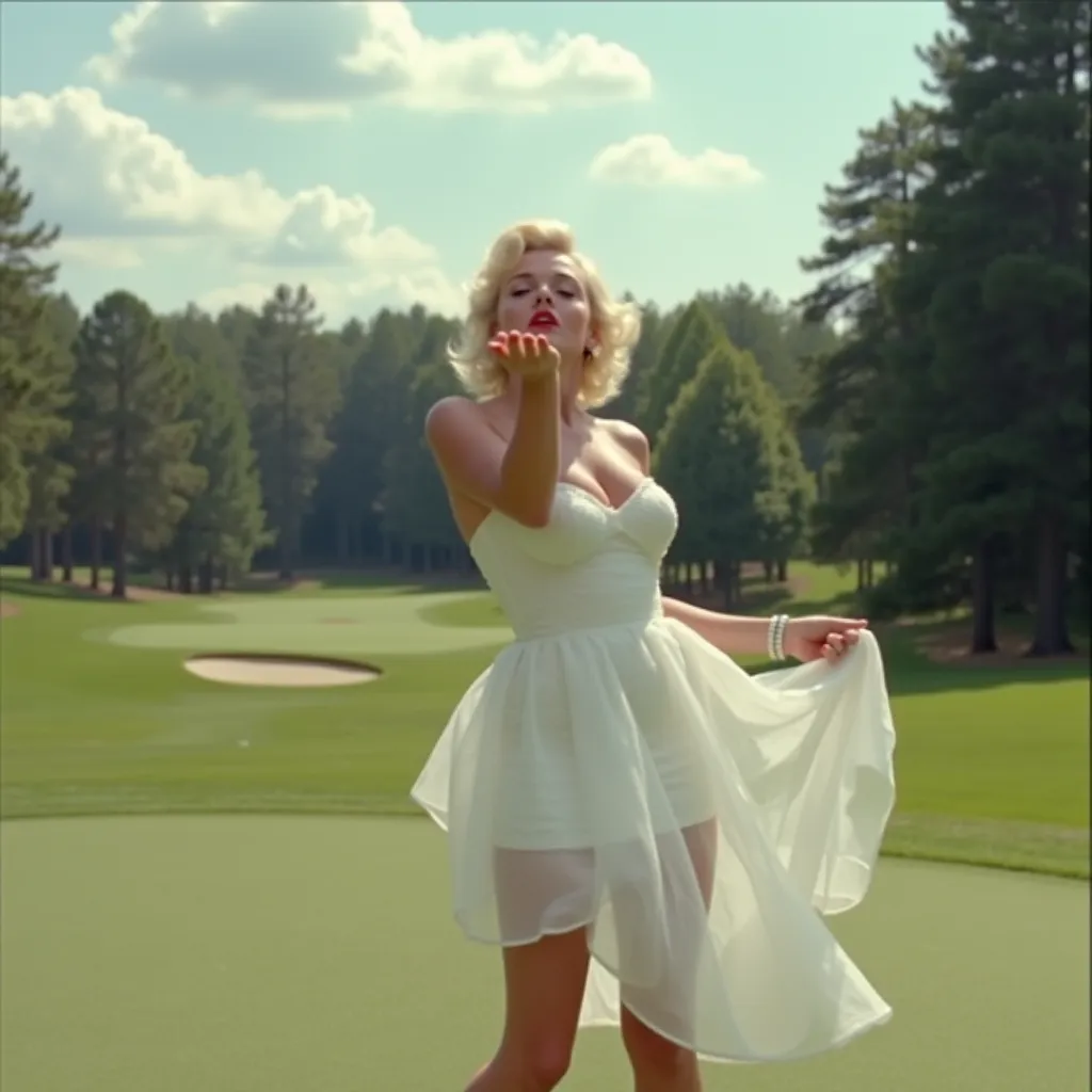 Marilyn Monroe Bringing Glam to Golf: "Marilyn Monroe on a golf course in a glamorous white dress, blowing a kiss to the camera after sinking a hole-in-one. Her smile could outshine the sun, but is she even playing the game? #CreatorClassic #GlamGolfer"