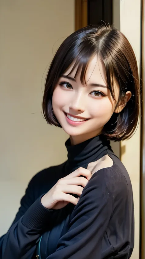 (((Close-up of face)))、(((Absolutely shoulder-length brown straight short bob)))、(((She is posing like a hair salon model, with a black wall indoors as the background.)))、(((Casual black winter long sleeves with shoulders covered)))、Half Japanese, half Kor...