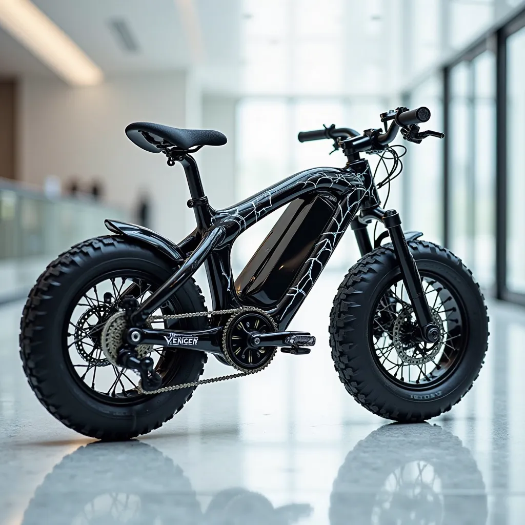 "A Ranger bicycle designed with the dark, menacing aesthetics of Venom, featuring a glossy black frame with striking white vein-like patterns resembling the symbiote’s texture. The frame has an aggressive, organic design with sharp, flowing curves that mim...