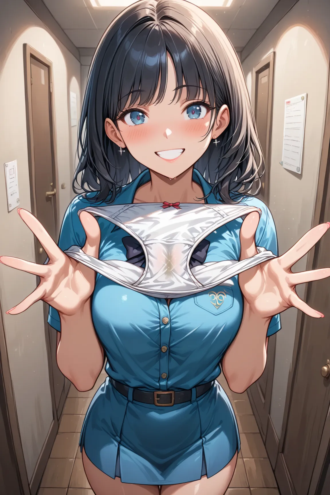 top quality，(Sexy panties with crotch heavily soiled from menstrual blood)，She looks at me teasingly..，(smile),school hallway,(She's excited to show off her dirty panties)，There are girls around, (She shows me her dirty panties spread out with both hands:1...