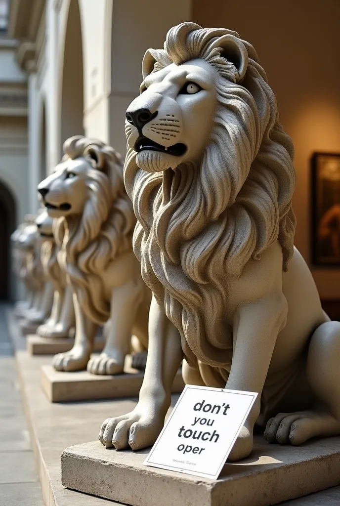 Sculptures of lions and a poster “don’t touch sculpture” 